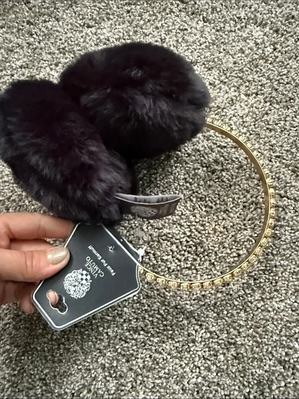 Vince Camuto Gold Crystal Headband with Black Faux Fur Earmuffs
